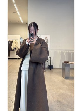 现 2025冬季新款韩国设计师mon*ha堆堆领羊绒长款毛呢大衣外套