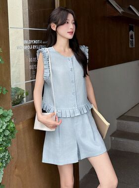 韩系设计感小香风套装女2025夏季新款法式气质无袖背心短裤两件套