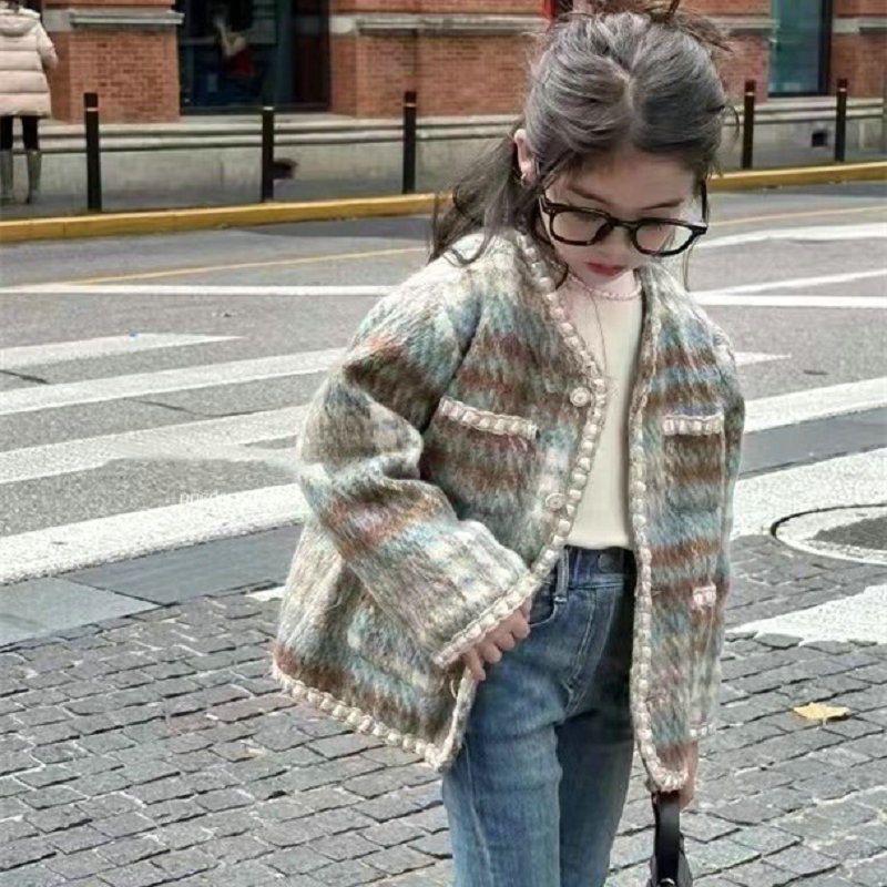 女童外套小香风格子钉珠夹棉加厚呢子上衣2025秋冬装新款外贸童装