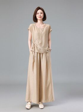 亚麻套装女2025年夏季新款洋气减龄薄款天丝短袖衬衫阔腿裤两件套