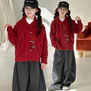 商场品牌女童针织外套秋冬2025新款儿童毛衣圣诞红色上衣洋气时髦