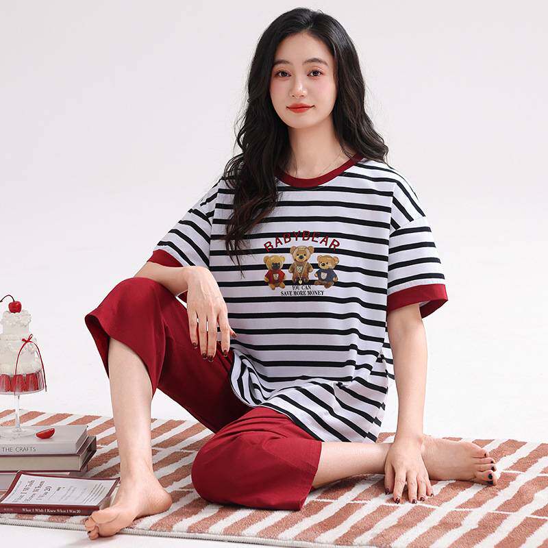 商场品牌带胸垫睡衣女款夏季纯棉短袖七分裤防凹点家居服条纹卡通