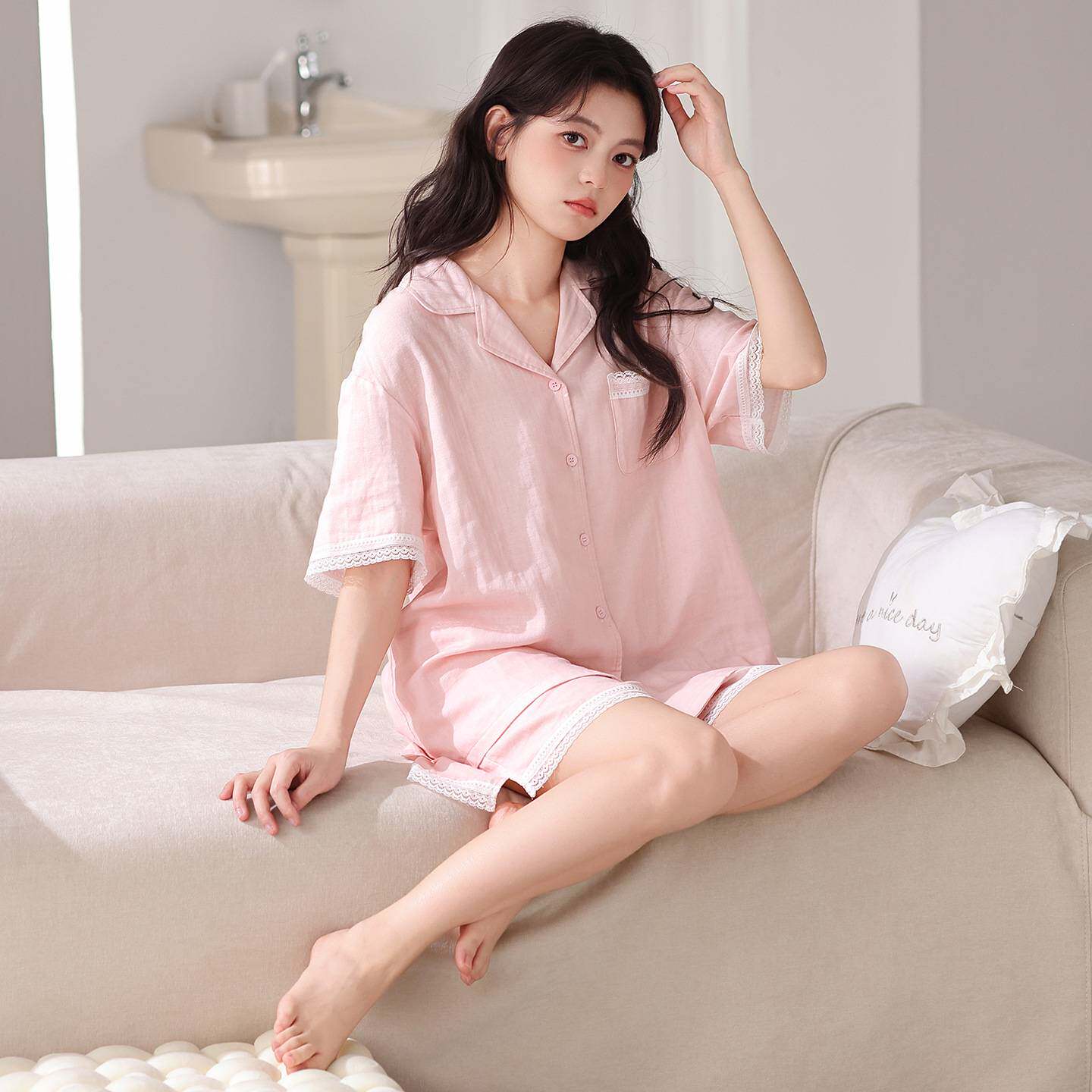 商场品牌全棉100%纯棉婴儿棉双层纱布睡衣女2026夏季新款短袖家居