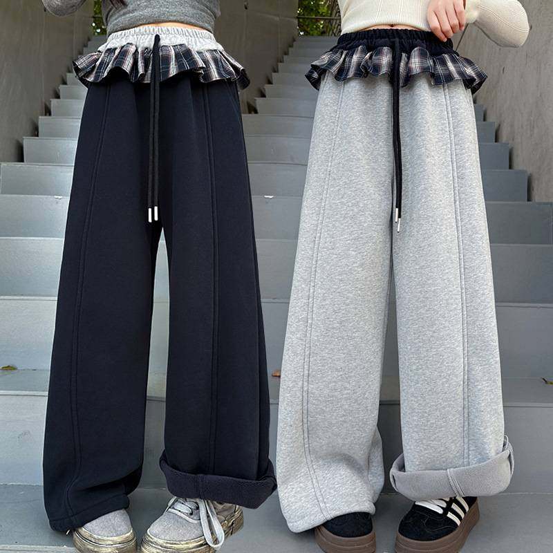 商场品牌女童2025冬季新款腰部格子拼接休闲卫裤中大童运动风加绒