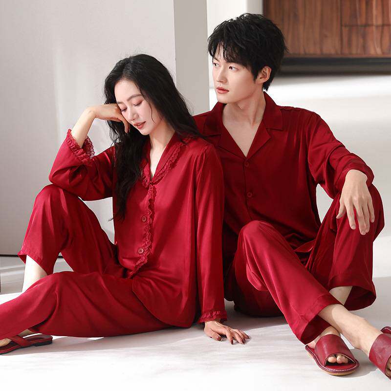 商场品牌情侣睡衣冰丝春夏季新婚长袖长裤红色家居服女士结婚备婚