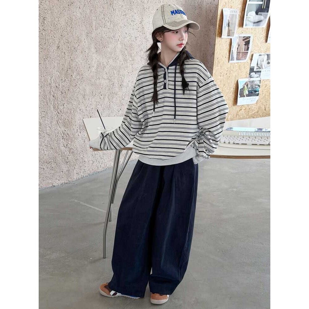 专柜品牌女童春秋款套装洋气时髦条纹帽衫女大童初中生韩版休闲秋