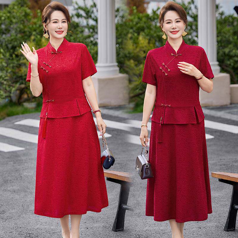 商场品牌老婆婆红色旗袍婚宴裙2026夏季新款假两件裙子妈妈高贵显