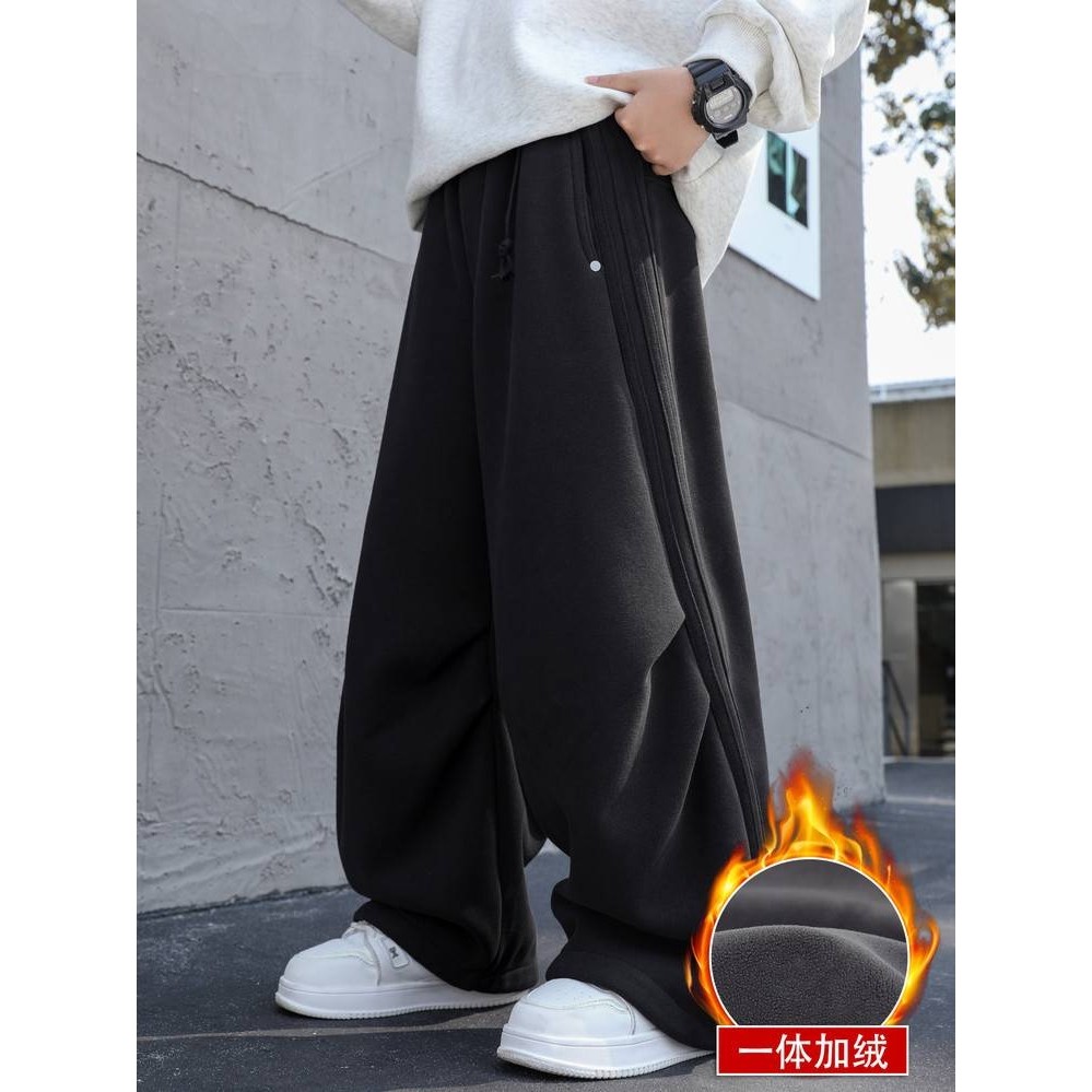 商场品牌男童加绒直筒休闲裤2025秋冬款潮牌宽松阔腿拖地长裤加厚