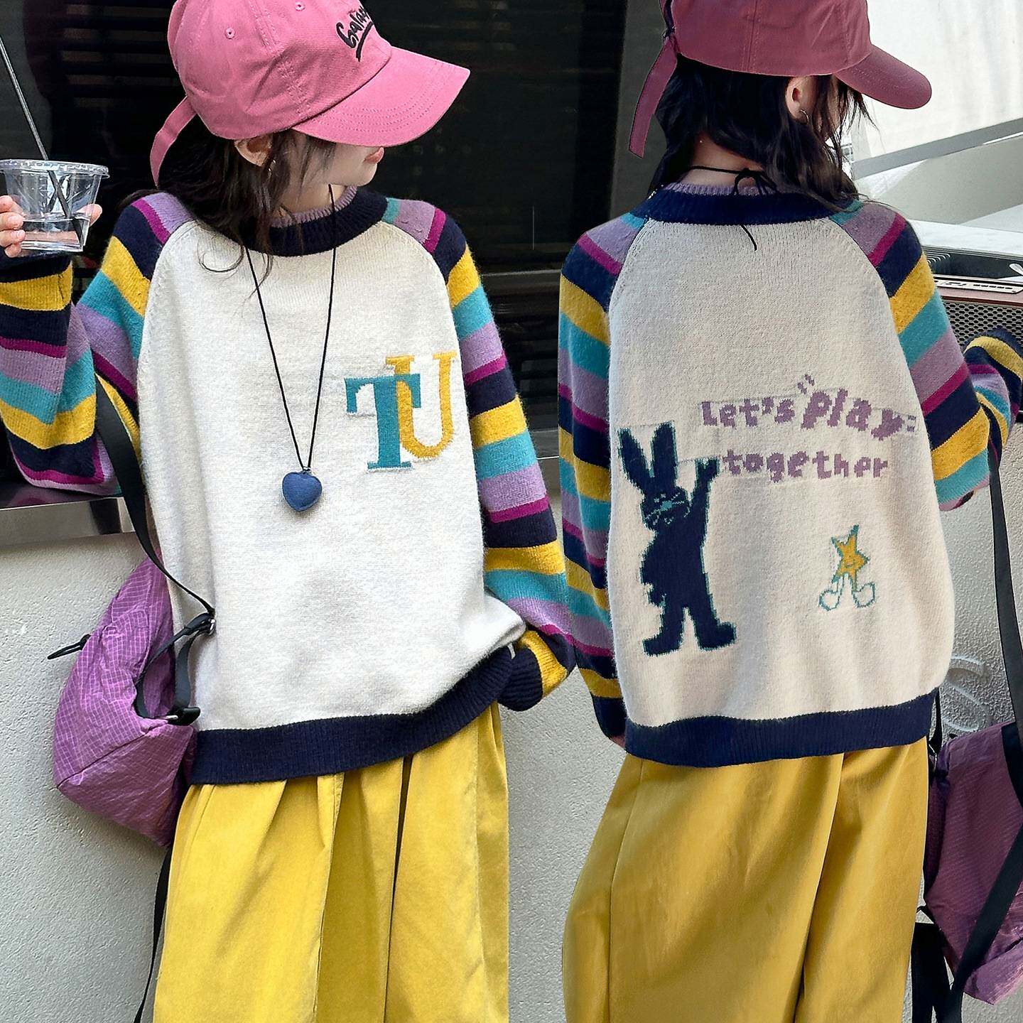 商场品牌女童毛衣秋冬装2025新款儿童加厚保暖中大童撞色拼接条纹