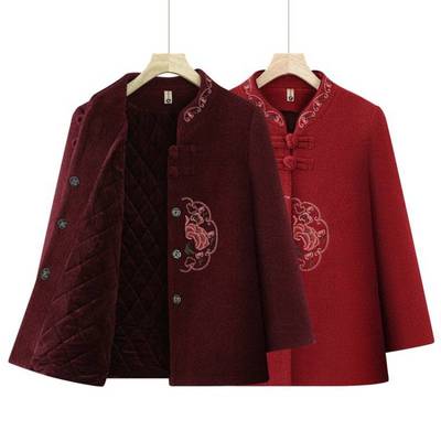 商场品牌奶奶冬装洋气绣花大衣加绒加厚老年妈妈女外套60岁太太70