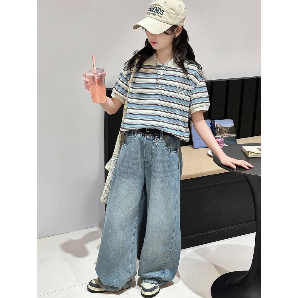 商场品牌女童夏季洋气套装2026新款夏装中大童网红时髦短袖条纹po