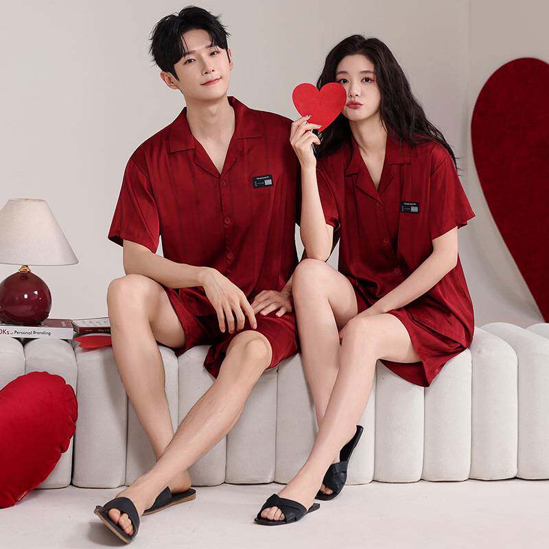 商场品牌情侣睡衣冰丝夏季新婚短袖短裤红色家居服女士开衫结婚男