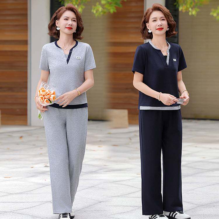 商场品牌妈妈夏装洋气运动V领休闲短袖套装2026新款中老年女装宽