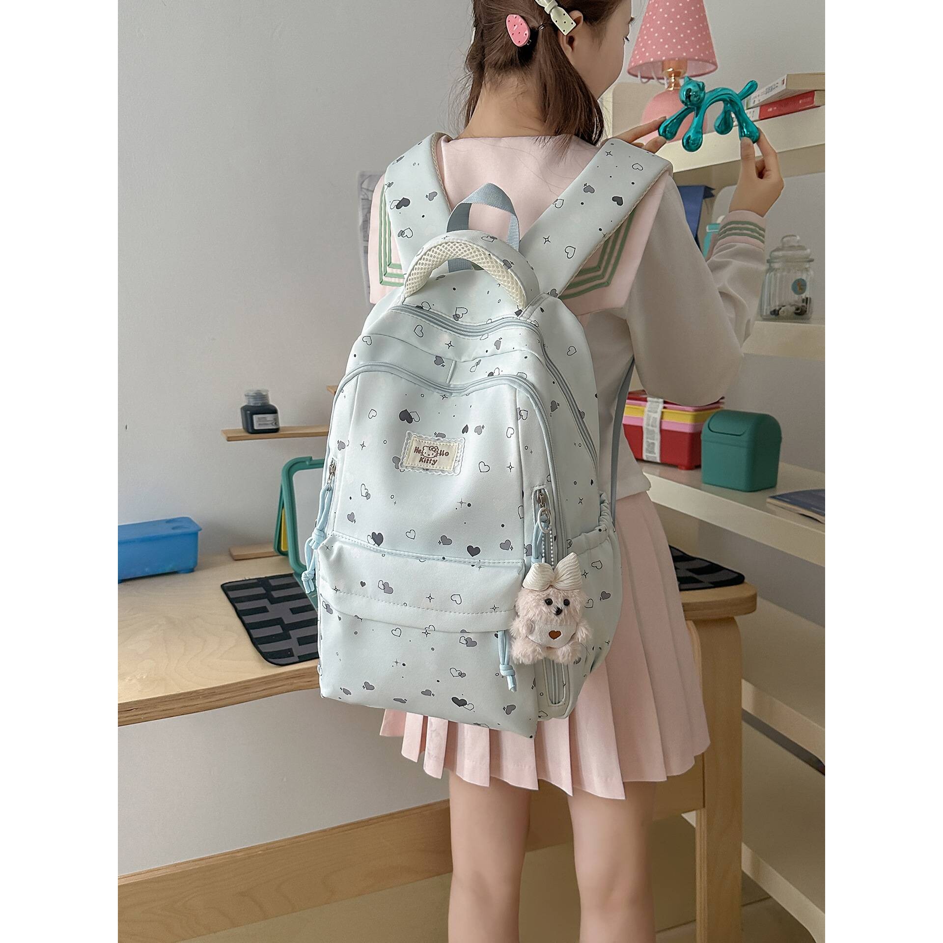 专柜品牌淡淡奶蓝底色缀满爱心星星双肩包清爽治愈系初高中女生学