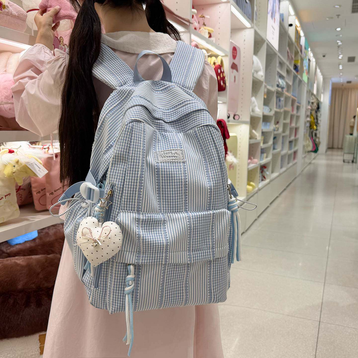 商场品牌新款条纹双肩包学生书包通勤大容量高颜值可爱背包简约小