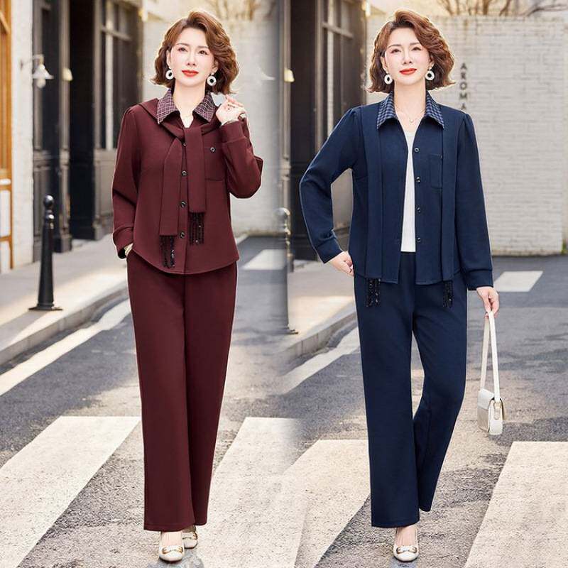 商场品牌妈妈春装套装洋气衬衣开衫新款中老年女春秋休闲时尚运动