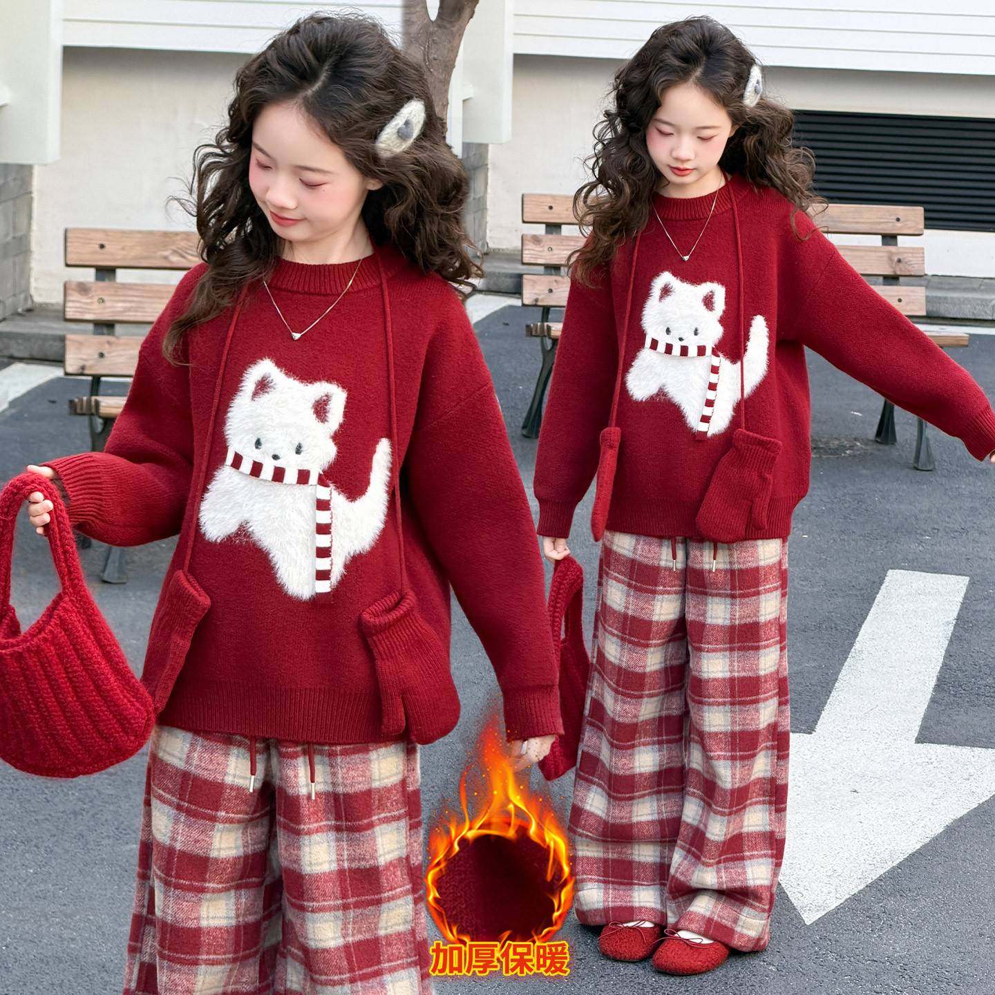 商场品牌女童年货毛衣2025新款儿童红色加厚安拉抗起球毛线衣针织