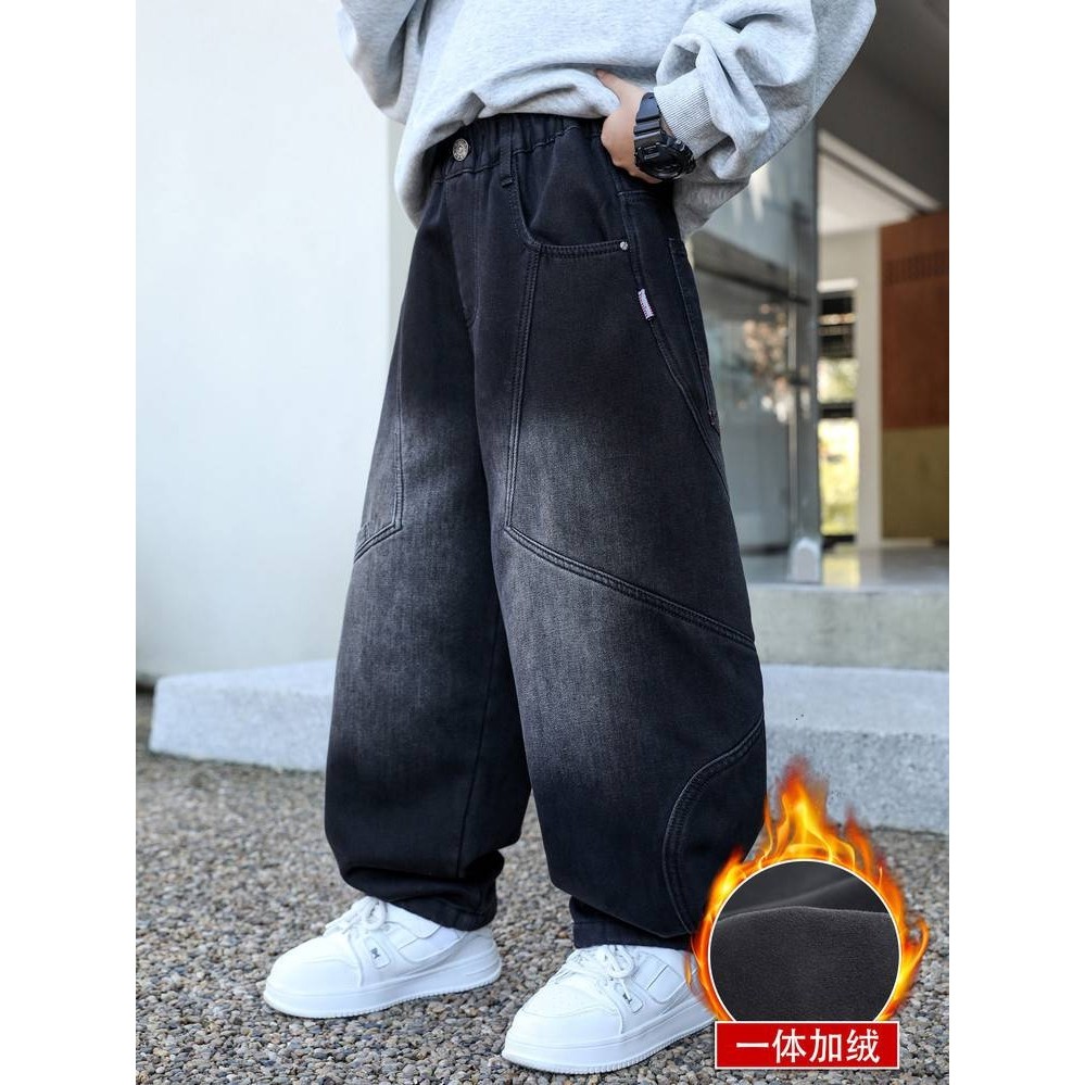商场品牌男童加绒牛仔裤2025冬季新款中大童时尚宽松阔腿裤子加厚