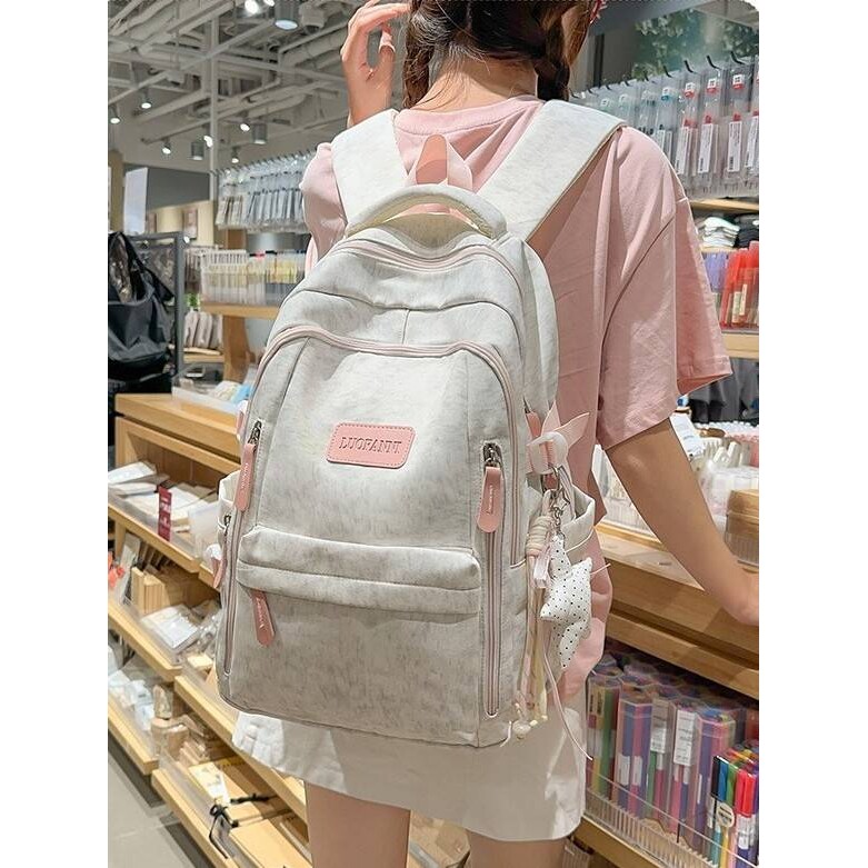专柜品牌浅调麻灰温柔撞粉双肩包低调耐看韩系氛围感初高中女生上