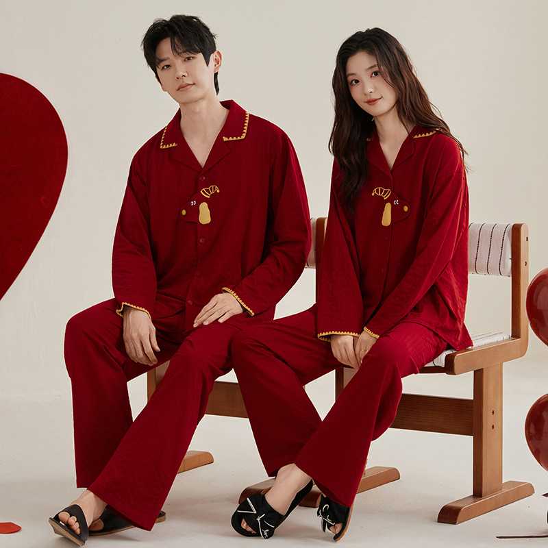 专柜品牌莱卡棉结婚睡衣新婚情侣套装红色本命年新娘春秋季纯棉长