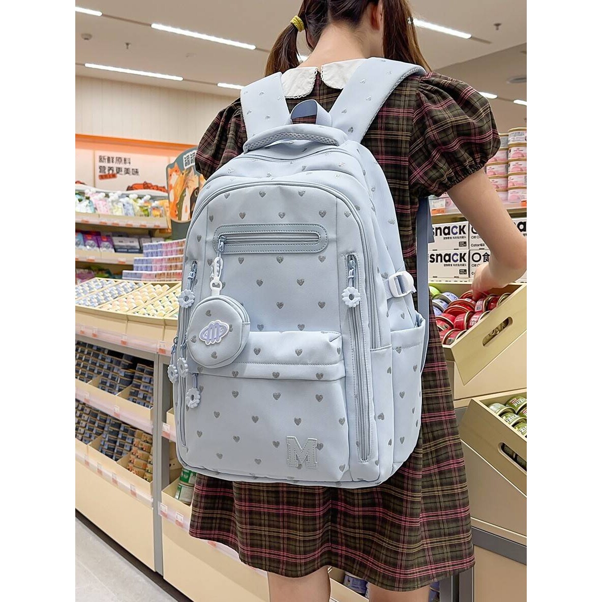 专柜品牌温柔清新浅蓝爱心满印双肩包韩系ins学院风初高中学生多