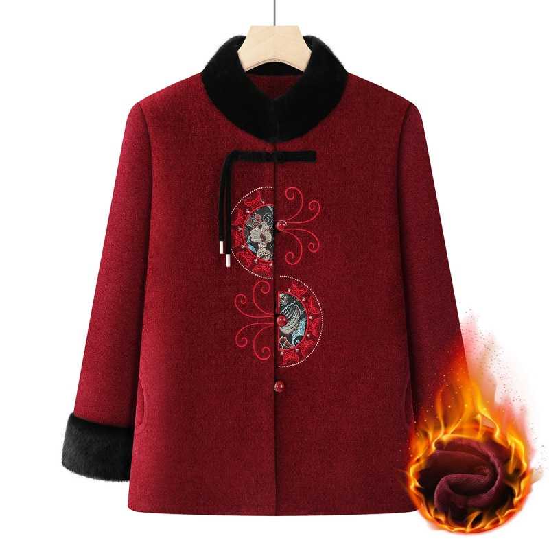 专柜品牌妈妈冬装新款外套中老年女加绒加厚国风气质棉服奶奶绣花