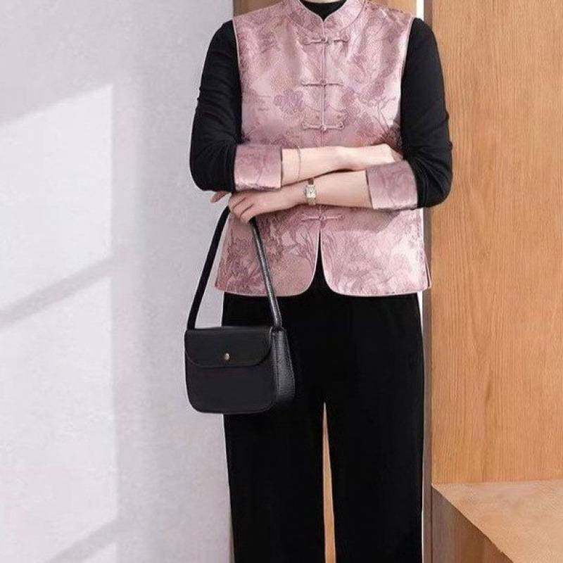 商场品牌新中式妈妈春装盘扣马甲内搭套装中老年女装国风大码金丝