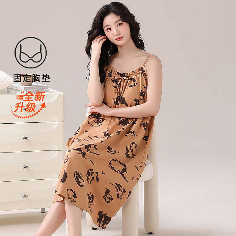 商场品牌吊带睡裙女夏款纯棉性感中长款家居服大码带胸垫睡衣纯欲