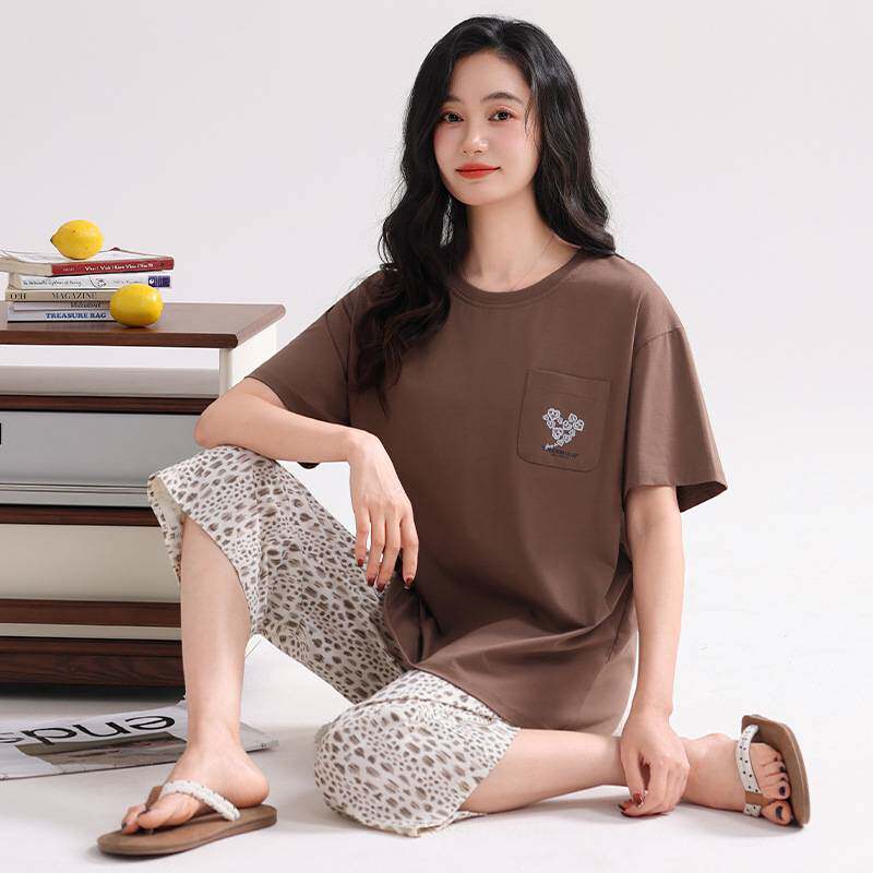 商场品牌睡衣女款夏季2026新款纯棉短袖七分裤套装带胸垫家居服全