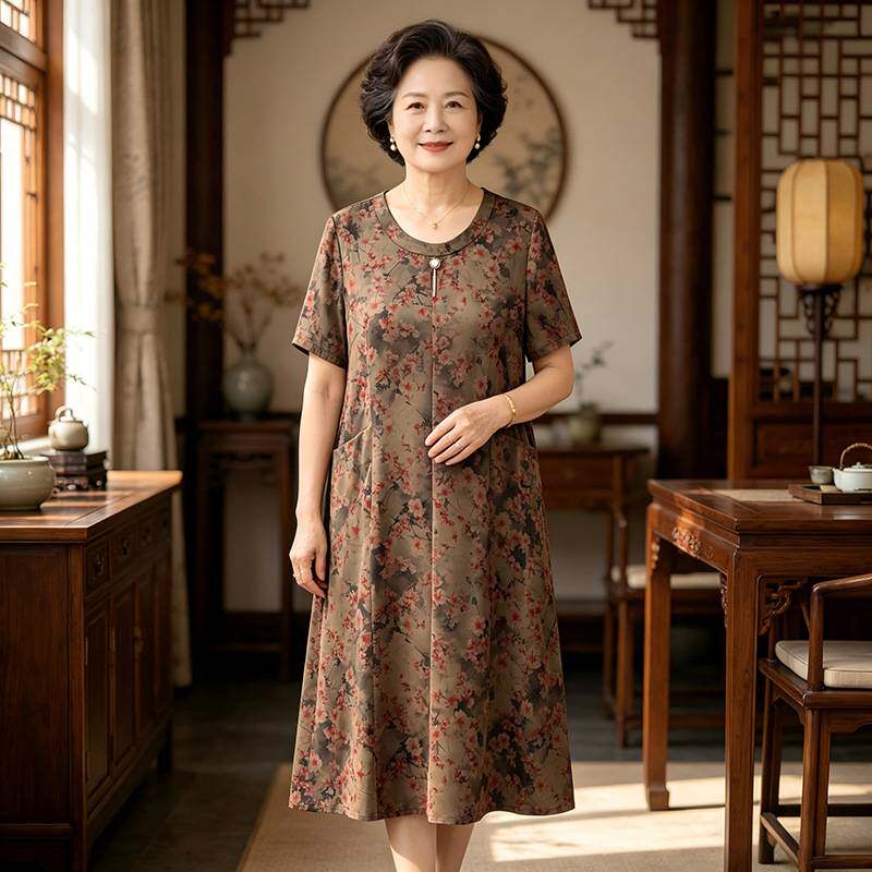 商场品牌妈妈中长款裙子老太太夏装长裙中老年女装奶奶圆领碎花短