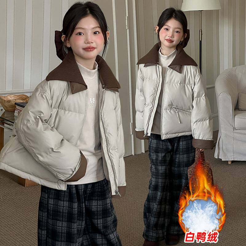 商场品牌女童双层领免洗羽绒服冬季外套2025新款大童冬装儿童90白