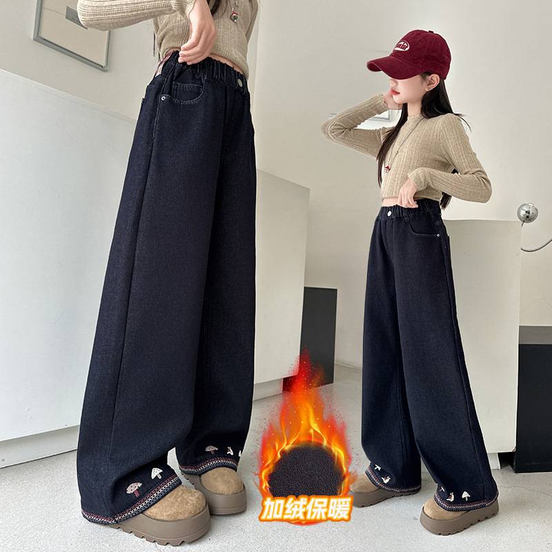 商场品牌女童加绒牛仔裤2025秋冬新款儿童净色加厚一体绒个性直筒