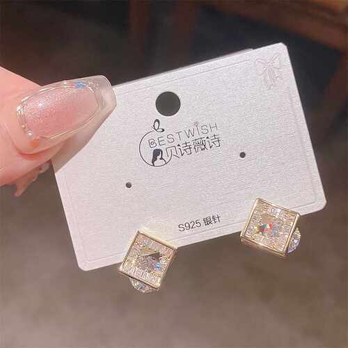 专柜品牌银针几何方形镂空锆石独特耳环 精致轻奢法式法式小众设