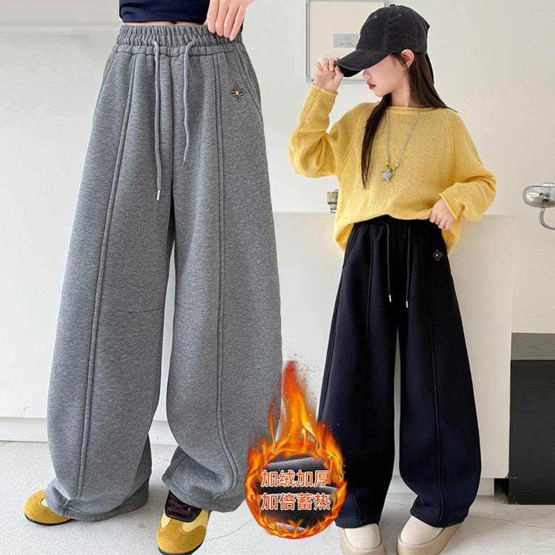 商场品牌女童秋冬加绒卫裤2025新款儿童童装冬季保暖加厚刺绣弯刀