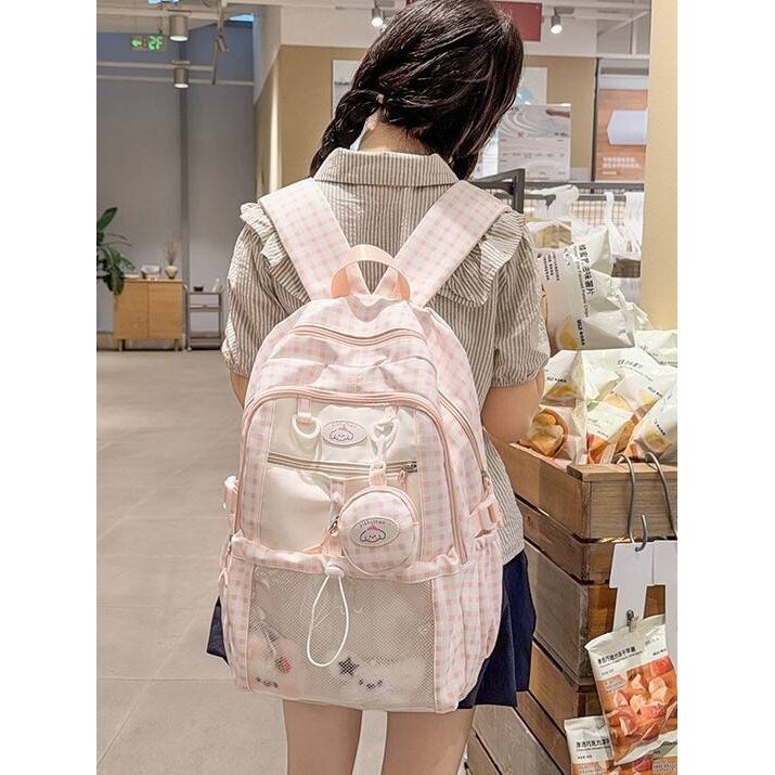 专柜品牌奶fuifu柔光粉格纹书包日系甜美风中小学生3-5年级校园上