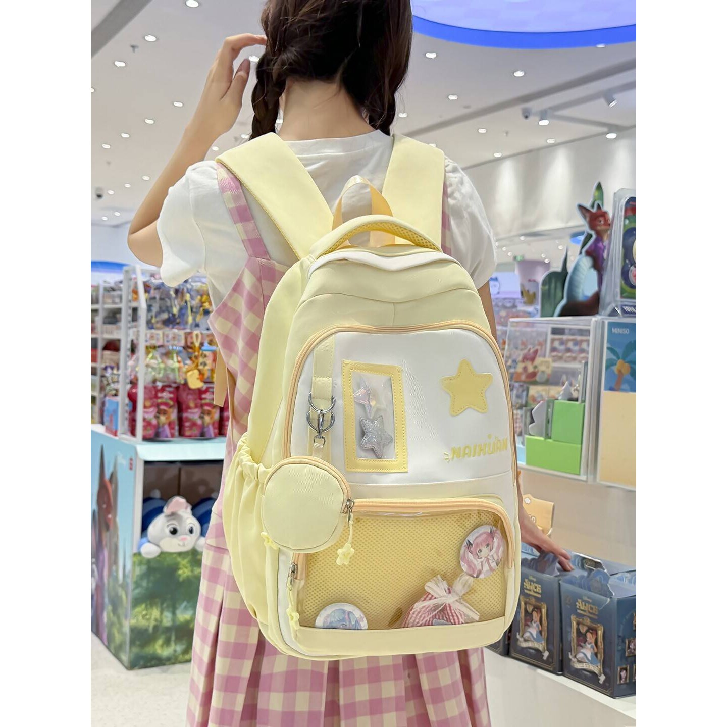 专柜品牌奶黄拼白星星痛包双肩书包软萌少女风中小学生日常上课元
