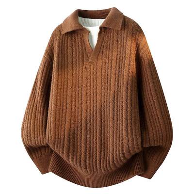 商场品牌秋冬季加厚毛衣男士翻领内搭针织打底衫提花高级感日系毛