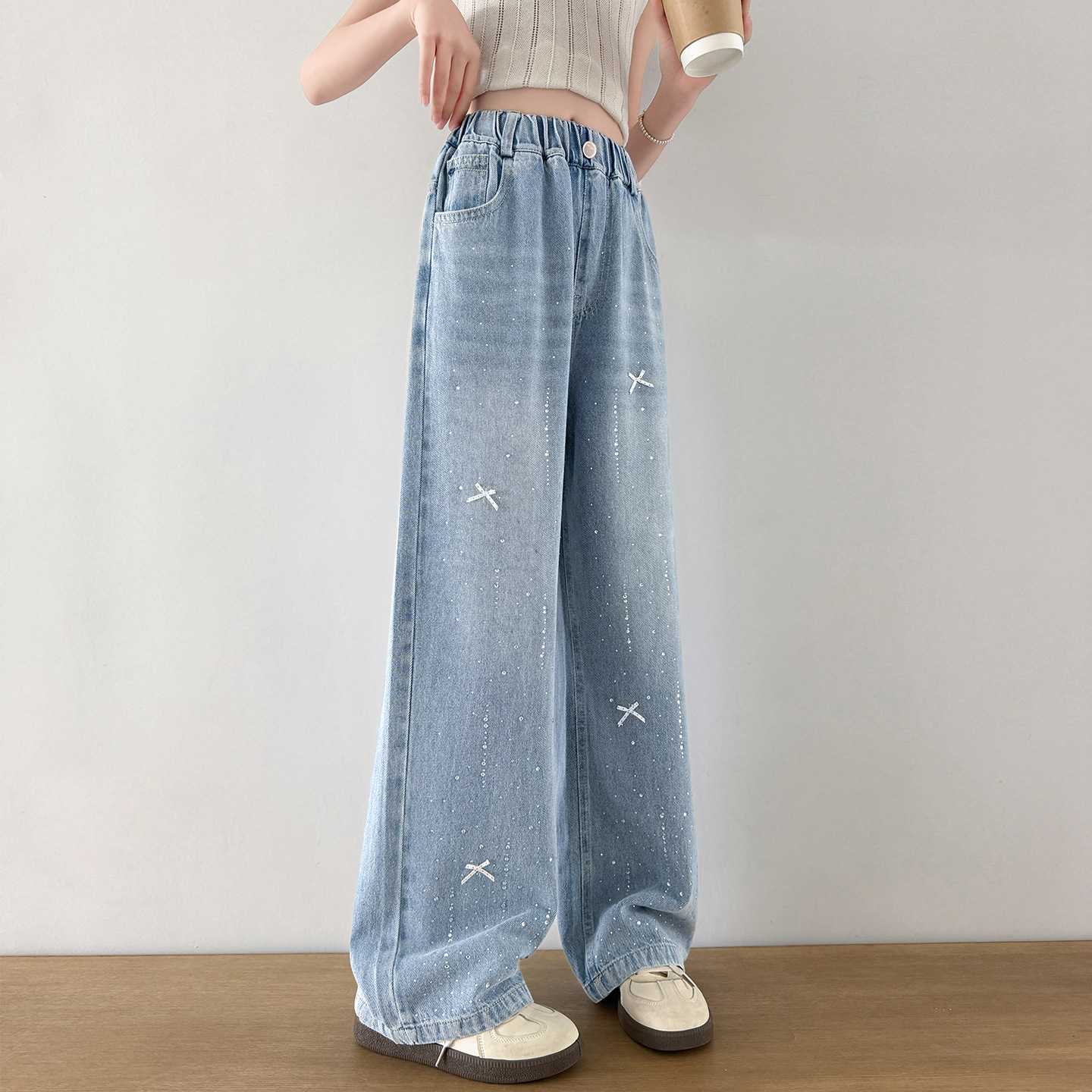 专柜品牌女童牛仔裤春秋大童秋款时尚烫钻阔腿裤秋季韩版宽松秋天