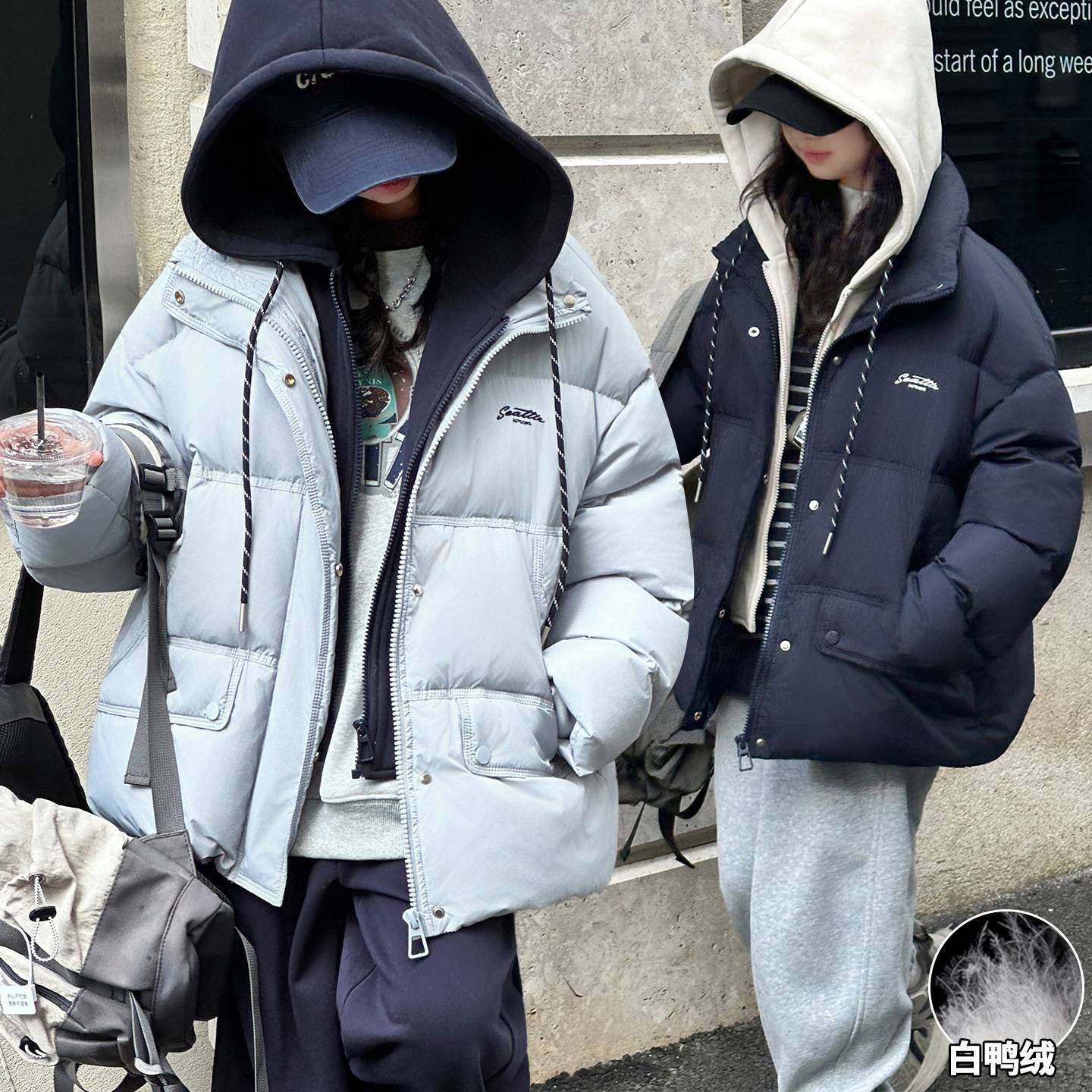 商场品牌女童冬装羽绒服假两件2025新款儿童连帽撞色白鸭绒羽绒衣