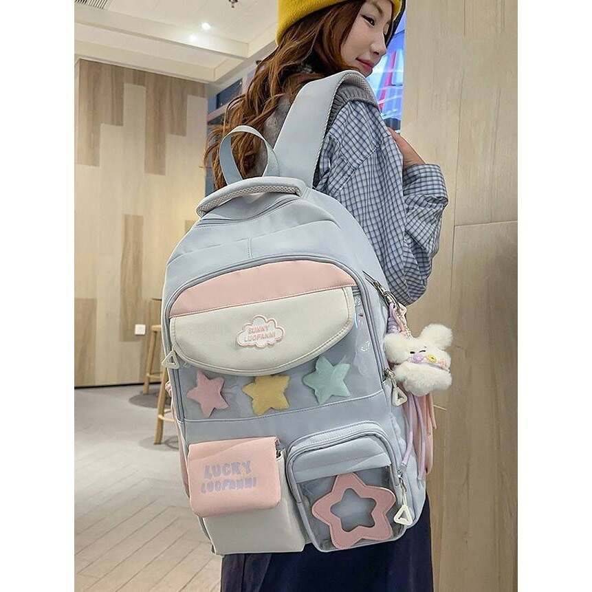 专柜品牌浅蓝粉白星星校园中学生背包夏日冰淇淋撞色软妹高颜值百