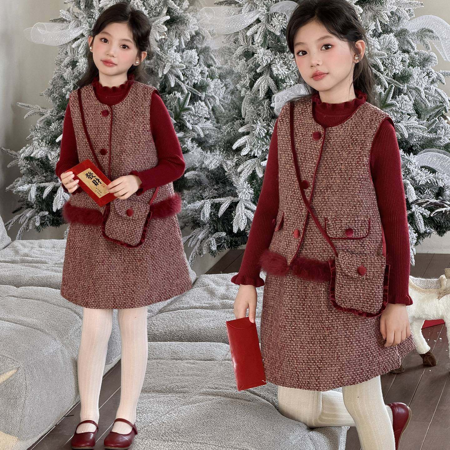 商场品牌女宝拜年服2025新款洋气女童加绒旗袍背心裙超萌安可拉红