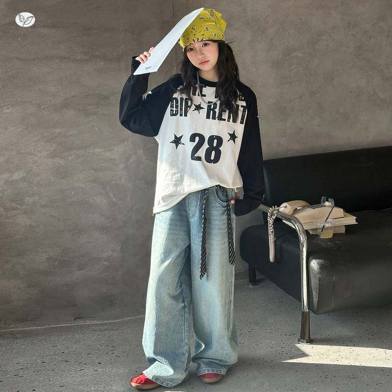 商场品牌女童套装2026年春季新款撞色长袖T恤牛仔裤两件套中大童