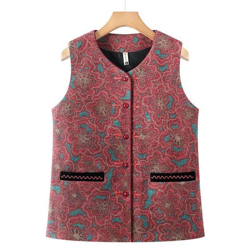 商场品牌中老年女士大码马甲春秋新款无袖背心妈妈装中式印花保暖