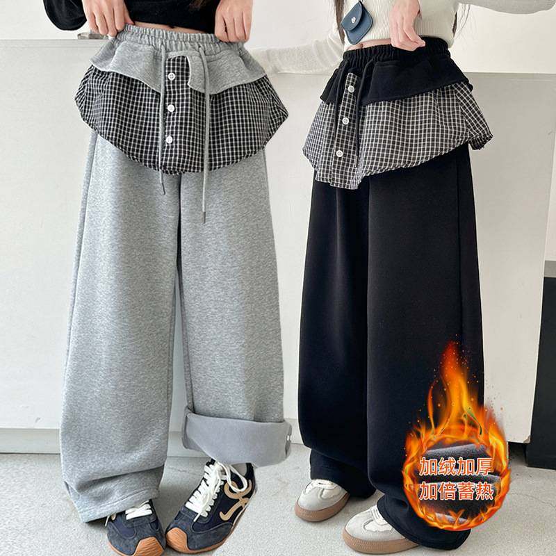 商场品牌女童秋冬加绒卫裤2025新款儿童个性拼接皮帘裙摆加厚一体