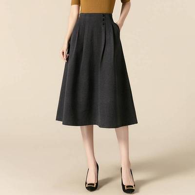 时尚简约毛呢A字半身裙女2025年秋冬季新款韩版高腰大摆中长裙