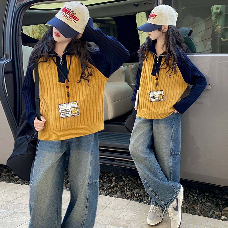 商场品牌女童毛衣秋冬款2025新款儿童洋气冬装立领刺绣针织衫加厚