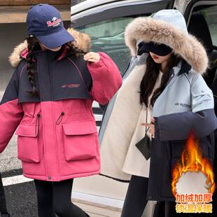商场品牌女童冬季儿童外套中大童连帽加厚风衣中长款保暖派克服加
