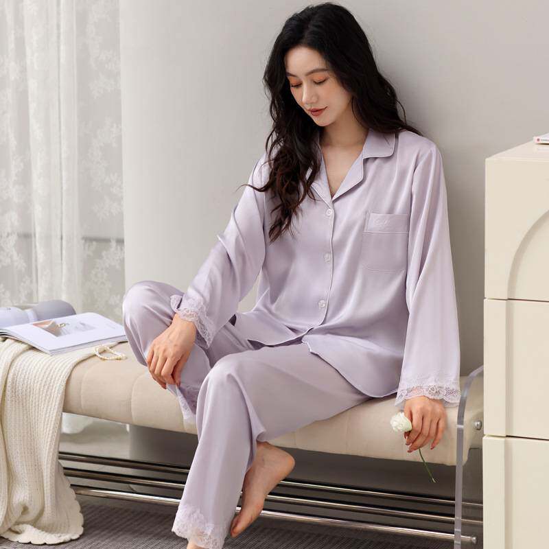 商场品牌夏季松弛感睡衣女春秋款冰丝长袖休闲柔软可外穿冰丝家居