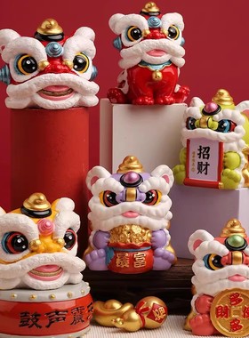 国潮舞狮子醒狮创意摆件高级感小众桌面玄关装饰喜庆招财狮首狮头