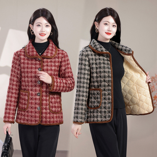 冬季 洋气棉袄奶奶宽松棉衣 加绒保暖格子棉服女中老年妈妈翻领短款